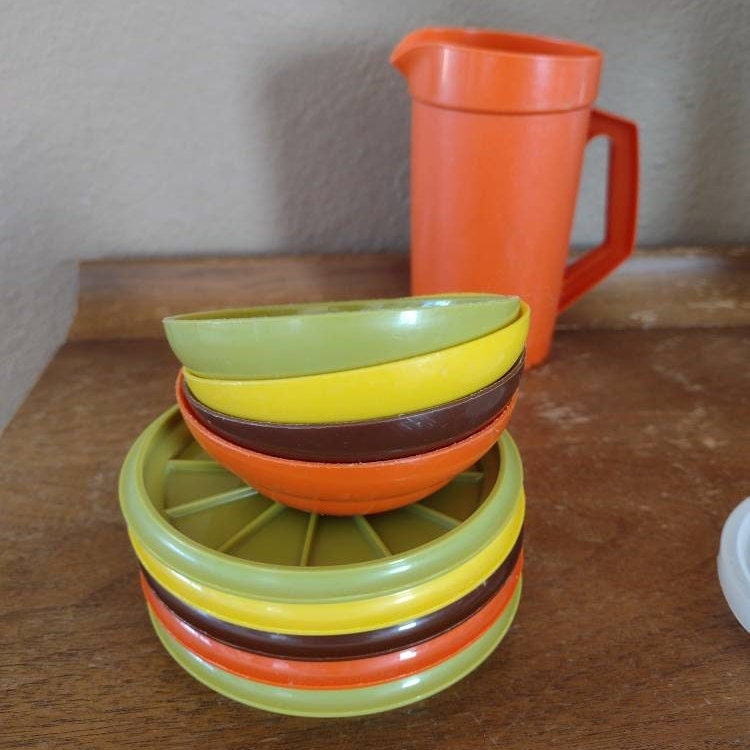 Miniature Toys Vintage Tupperware Toy Dishes Kids Dinnerware Pitcher Cups Plates Bowls Lids