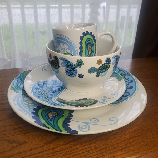 Royal Norfolk Blue & Green Paisley Pattern, Dinner Plate, Salad Plate, Bowl, Mug, 4 piece Set