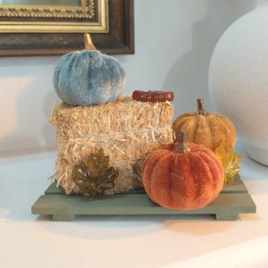 Mini Fall Hay Bale Display with Velvet Pumpkins – Tiered Tray Autumn Decor