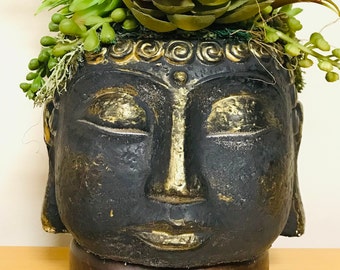 Ebony Buddha Head Planter (faux and dried botanical arrangement) with hand embellished gold accents on solid wood base