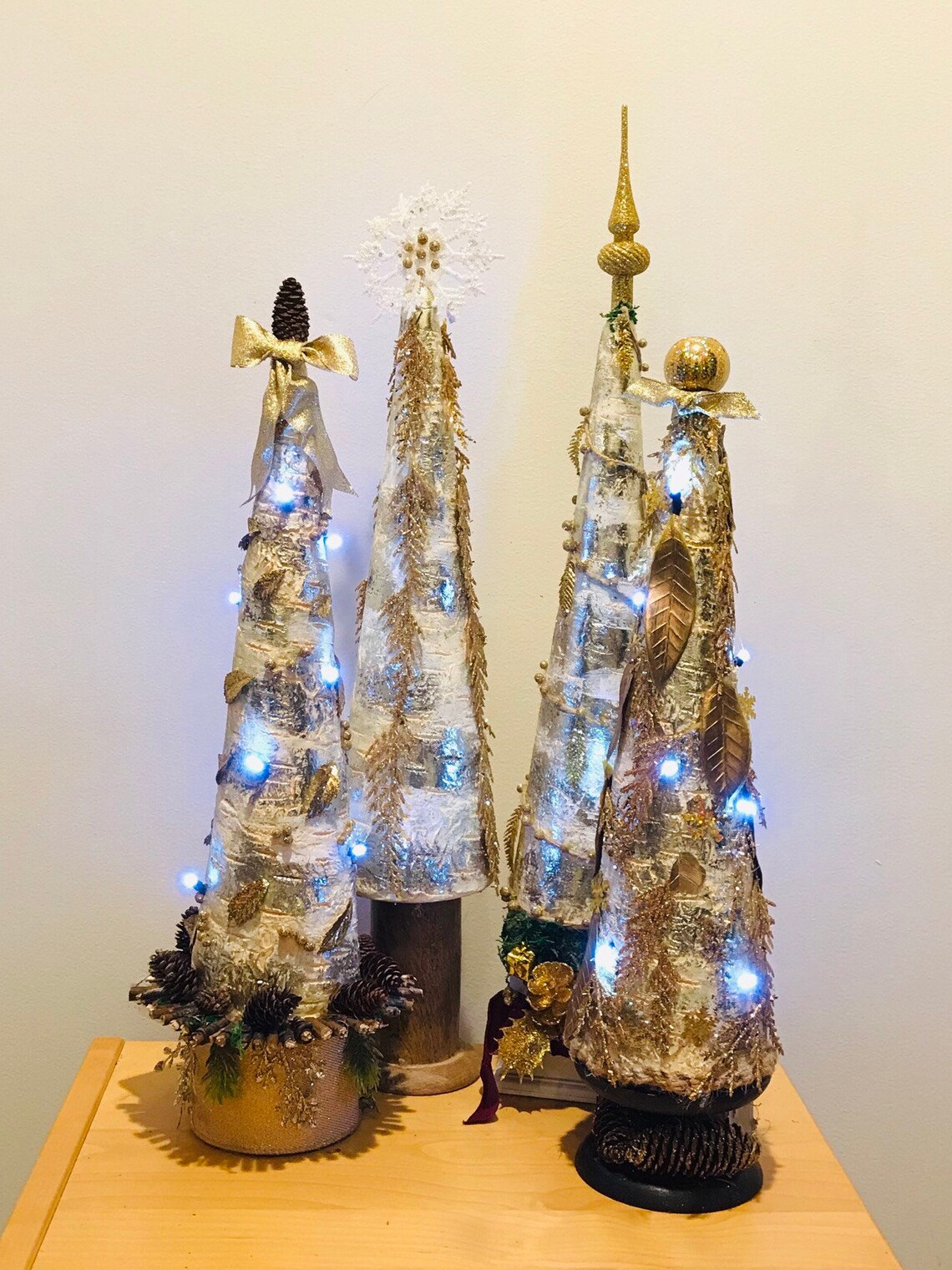 2 Golden Christmas Lighted Tabletop Trees Etsy