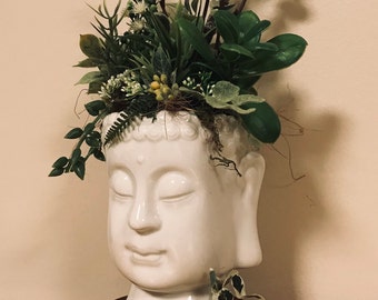 White Glazed Buddha Planter on Wood Stand