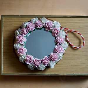 Handmade mirror | Pink white flower mirror | Wood mirror | Wall mirror | Nature mirror | Makeup mirror | Office Mirror | Purse mirror