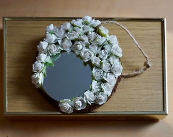 White Rose Wood Slice Mirror | Rustic Floral Wall Mirror | Shabby Chic Decor | Handmade Flower Mirror | Wedding Decor | Farmhouse Mirror
