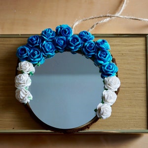 Handmade mirror | White Blue flower mirror | Wood mirror | Wall mirror | Nature mirror | Makeup mirror | Office Mirror | Purse mirror
