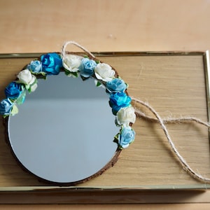 Handmade mirror | White Blue flower mirror | Wood mirror | Wall mirror | Nature mirror | Makeup mirror | Office Mirror | Purse mirror
