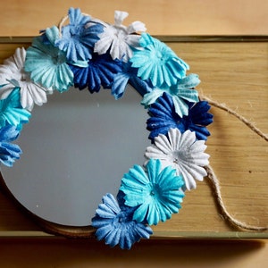Handmade mirror | Blue white flower mirror | Wood mirror | Wall mirror | Nature mirror | Makeup mirror | Office Mirror | Purse mirror