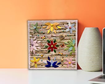 Colorful Floral Mixed Media Art | 3D Flower Wall Decor | Textured Canvas Collage | Butterfly Love Heart I Whimsical Home Decor Gift