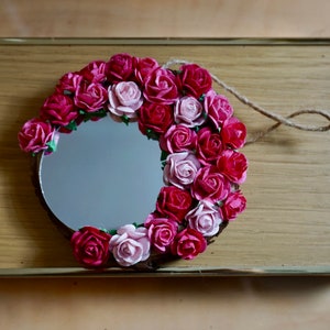 Handmade mirror | Pink flower mirror | Wood mirror | Wall mirror | Nature mirror | Makeup mirror | Office Mirror | Purse mirror