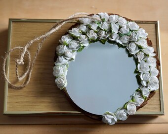 White Rose Wood Slice Mirror | Rustic Floral Wall Mirror | Shabby Chic Decor | Handmade Flower Mirror | Wedding Decor | Gift for Her