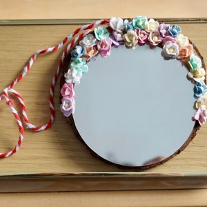 Handmade mirror | Pastel multicolor flower mirror | Wood mirror | Wall mirror | Nature mirror | Makeup mirror | Office Mirror | Purse mirror