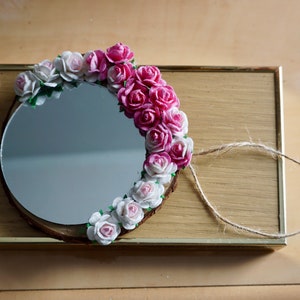 Handmade mirror | White Pink flower mirror | Wood mirror | Wall mirror | Nature mirror | Makeup mirror | Office Mirror | Purse mirror