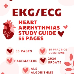 Könnte beinhalten: Ein weißes Studienhandbuch mit dem Titel "EKG/EKG Heart Arrhythmias Study Guide" in roter Schrift. Es enthält Informationen zu Herzschrittmachern, ALS-Algorithmen und 35 Übungsfragen. Das Cover zeigt Herzillustrationen.