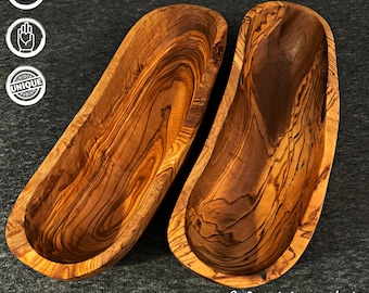 What the Art!® Olive Wood «Long Snackys» | Set Olivenholz Servierschalen | Handarbeit | ca. 24-25 x 8-9 cm | Snackschalen - Brotschalen