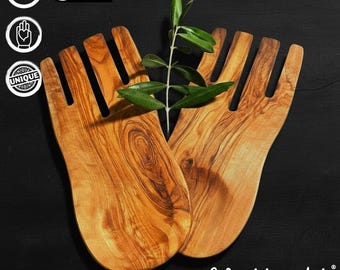 WTA!® Pinzas para ensalada de madera de olivo | Pinzas para ensalada de madera de olivo | Hecho a mano | Cubiertos mediterráneos, pinzas para ensalada, juego de cubiertos, ayudante de cocina, madera