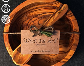 What the Art!® Olive Wood "Buddha Bowl" | Olive Wood Bowl + Spoon + Gift | approx. (Ø 14-15 cm) & (Ø 16-17 cm)