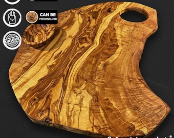 WTA!® Olive Wood «Grande Rustico» | Tagliere in legno d'ulivo, tagliere da portata + ciotole per salse | Fatto a mano | Tagliere per formaggi, tagliere per tapas