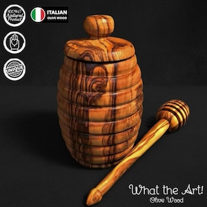 WTA!® Olive Wood «Maja» | Olivenholz Honigtopf mit Honiglöffel | Handgemacht | Honigbehälter Honigdose mediterran nachhaltig rustikal