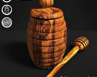 WTA!® Olive Wood «Maja» | Olive wood honey pot with honey dipper | Handmade | Honey container, honey tin, Mediterranean, sustainable, rustic