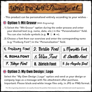 Op de afbeelding: Een houten bord met de tekst "What the Art! Personalize it!" en instructies voor personalisatie. Bevat opties voor graveren met verschillende lettertypen en het uploaden van een aangepast logo. Het bord biedt personalisatie voor een unieke touch.