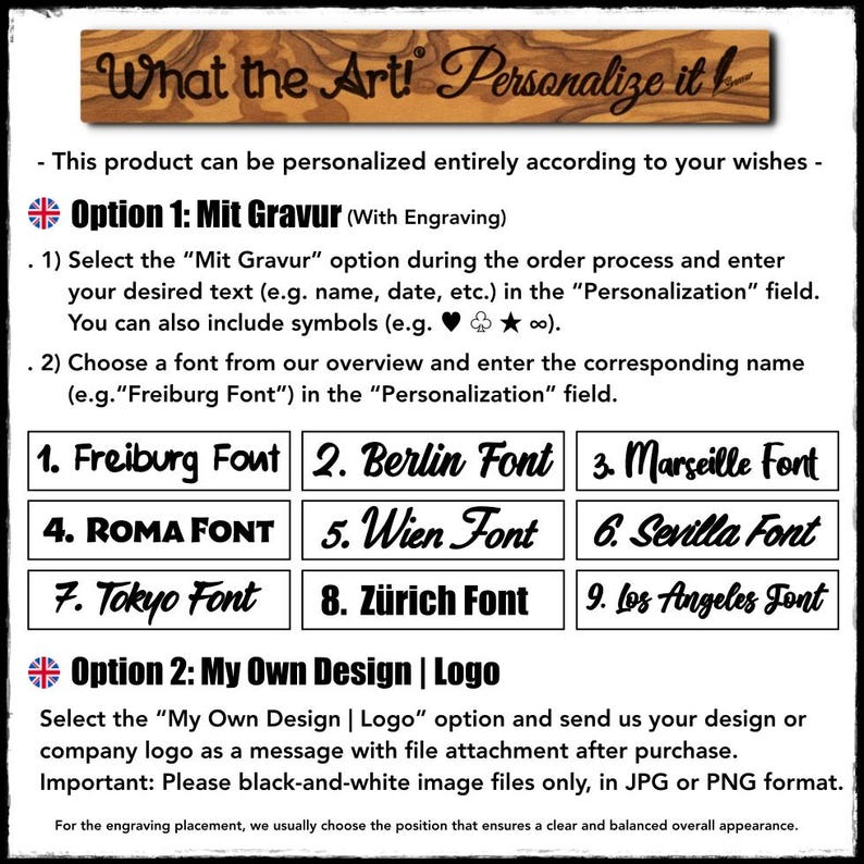 Op de afbeelding: Een houten bord met de tekst "What the Art! Personalize it!" en instructies voor personalisatie. Bevat opties voor graveren met verschillende lettertypen en het uploaden van een aangepast logo. Het bord biedt personalisatie voor een unieke touch.