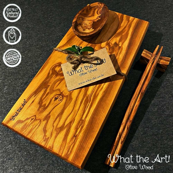 What the Art!® Olive Wood «Hachiko» | Planche à Sushi en Bois d'Olivier + Bol + Baguettes + Cadeau | env. 30 x 14 x 2 cm