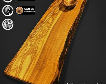 WTA!® Madera de Olivo «Lungo» | Tabla de servir de madera de olivo + cuencos para salsas | Hecho a mano | Tabla de madera, tabla de quesos, tabla de tapas, rústica, sólida