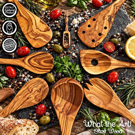 WTA!® Olive Wood «The Chef» Gr. L | Set Küchenutensilien Olivenholz 7er Set | Handgemacht | Kochbesteck Küchenhelfer Küchenzubehör Holz