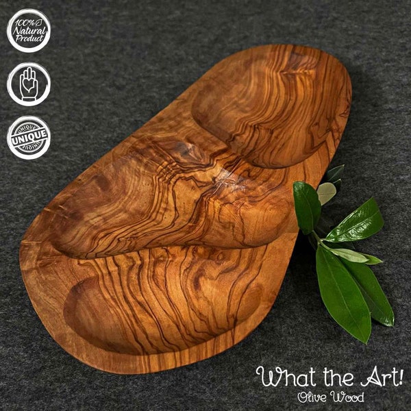 What the Art!® Olive Wood «Trois» | Olivenholz Snackschale | Handarbeit | ca. 23 x 12 cm | Dipschale - Tapas Schale - Snackteller