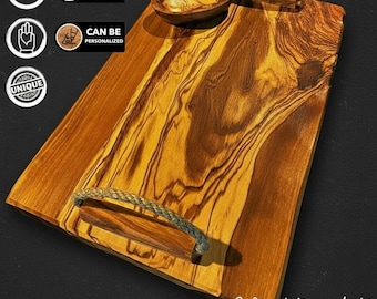 WTA!® «Plancha» de madera de olivo | Tabla de servir de madera de olivo + cuencos para salsas | Hecha a mano | Tabla de madera, tabla de quesos, tabla de tapas, rústica, maciza