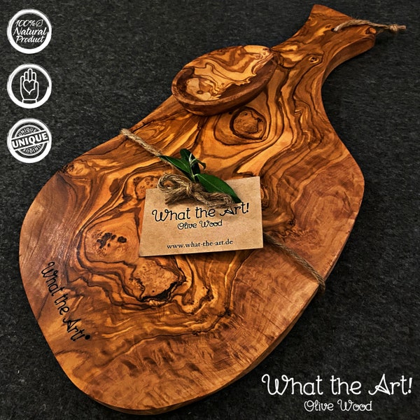 What the Art!® Olive Wood «Serrano» L | Olive Wood Cutting Chopping Board + Dip Bowl + Gift | approx. 37 x 17 x 2 cm