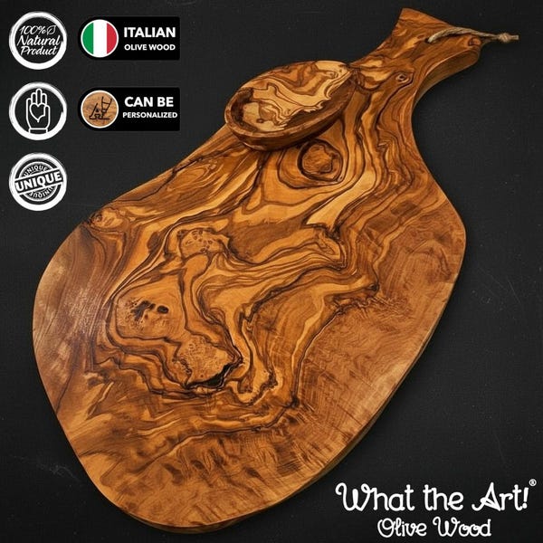 WTA!® Olive Wood «Serrano» | Tagliere in legno d'ulivo, tagliere da portata + ciotole per salse | Fatto a mano | Tagliere rustico in legno massello