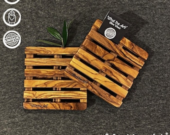 What the Art! ® Olive Wood "Palette" S | Set Olive Wood Coasters for Drinks + Gift | 10.5 x 10.5 x 2 cm