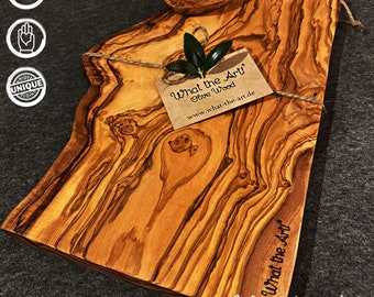 What the Art!® Olive Wood «Half Rustic» M | Olive wood cutting chopping board + dip bowl + gift | approx. 30 x 14-17 x 2 cm