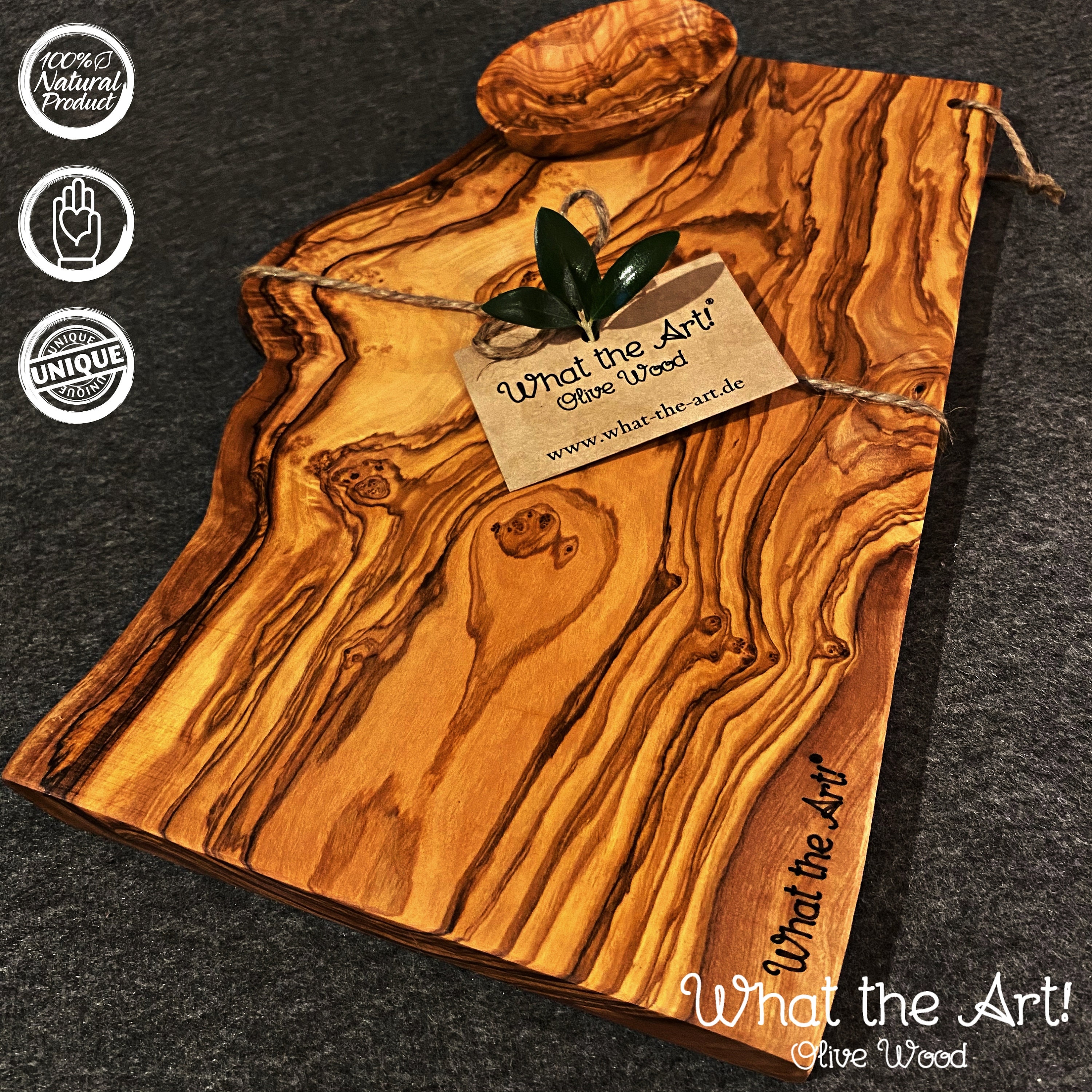 what the art® olive wood «half rustic» m | planche à découper en bois d'olivier + bol cadeau env. 30 x 14-17 2 cm