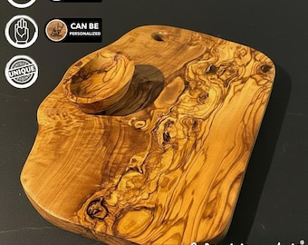 WTA!® Madera de Olivo «Málaga» | Tabla de cortar, tabla de servir y cuencos para salsas de madera de olivo | Hecha a mano | Tabla rústica de madera, tabla para quesos