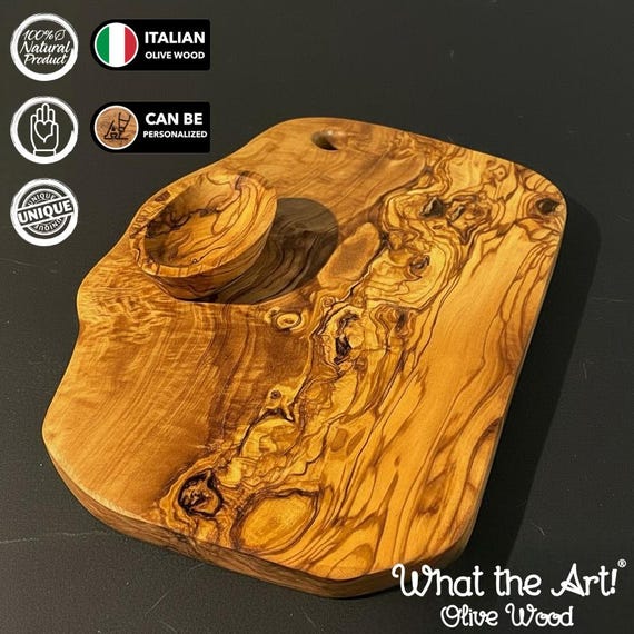 WTA!® Olive Wood «Malaga» | Olivenholz Schneidebrett Servierbrett + Dip Schälchen | Handgemacht | Brett Holzbrett Käsebrett Rustikal