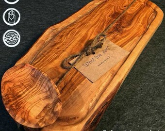 What the Art!® Olive Wood «Rustic» L | Olive Wood Cutting Chopping Board + Dip Bowl + Gift | approx. 36-39 x 17-23 x 2 cm