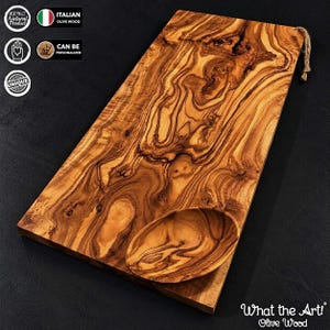 WTA!® Olive Wood «Karo» | Olive Wood Cutting Board Serving Board + Dip Bowls | Handmade | Rustic Solid Wood Board Cheese Board