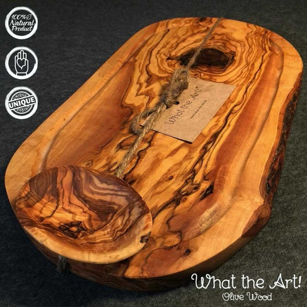 What the Art!® Olive Wood «Rustic» XL | Planche à Découper en Bois d'Olivier + Bol + Cadeau | env. 40-42 x 17-23 x 2 cm