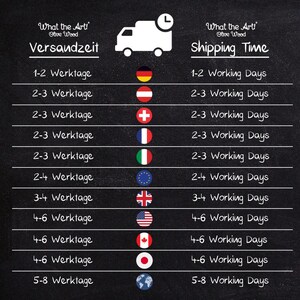 K&ouml;nnte beinhalten: Grafik im Tafelstil mit dem Text "What the Art! Olive Wood" und "Shipping Time". Sie listet die Versandzeiten in Werktagen f&uuml;r verschiedene L&auml;nder auf, begleitet von ihren Flaggen. Ein wei&szlig;es LKW-Symbol ist ebenfalls vorhanden.