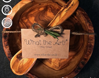 What the Art!® Olive Wood "Buddha Rustic" | Olive wood bowl incl. spoon + gift | Ø 14-15 cm & 16-17 cm