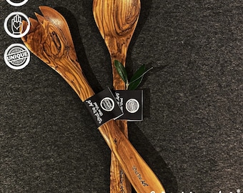 What the Art!® Bois d'olivier «Servidor A» | Couverts à salade en bois d'olivier | Fabriqué à la main | 30 cm | Couverts de service - set de couverts - aide de cuisine