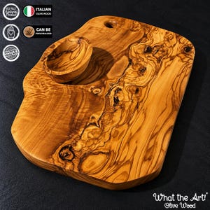 WTA!® Olive Wood «Malaga» | Olive wood cutting board, serving board + dip bowls | Handmade | Rustic wooden board, cheese board