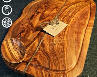 What the Art!® Olive Wood «Big Rustic» XXL | Olive wood cutting chopping board + dip bowl + gift | approx. 54-59 x 20-26 x 2 cm