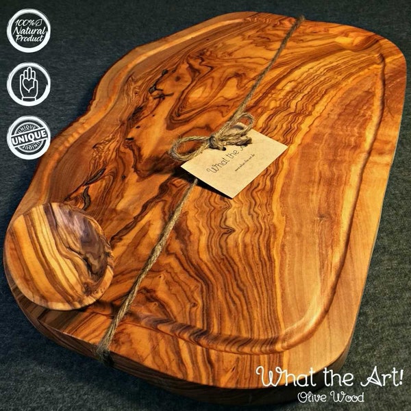 What the Art!® Olive Wood «Big Rustic» XXL | Planche à découper bois d'olivier + coupelle + cadeau | env. 54-59 x 20-26 x 2 cm