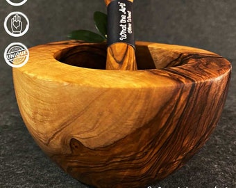 What the Art!® Olive Wood «Le Conique» | Olive wood mortar + pestle + gift  | approx. (Ø 12 cm) & (Ø 14 cm)