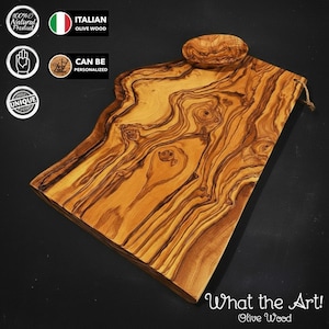 WTA!® Olive Wood «Half Rustic» | Olivenholz Schneidebrett Servierbrett + Dip Schälchen | Handgemacht | Brett Holzbrett Käsebrett Rustikal
