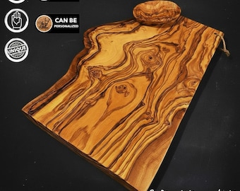 WTA!® Madera de olivo «Half Rustic» | Tabla de cortar, servir y cuencos para salsas de madera de olivo | Hecha a mano | Tabla rústica de madera, tabla para quesos