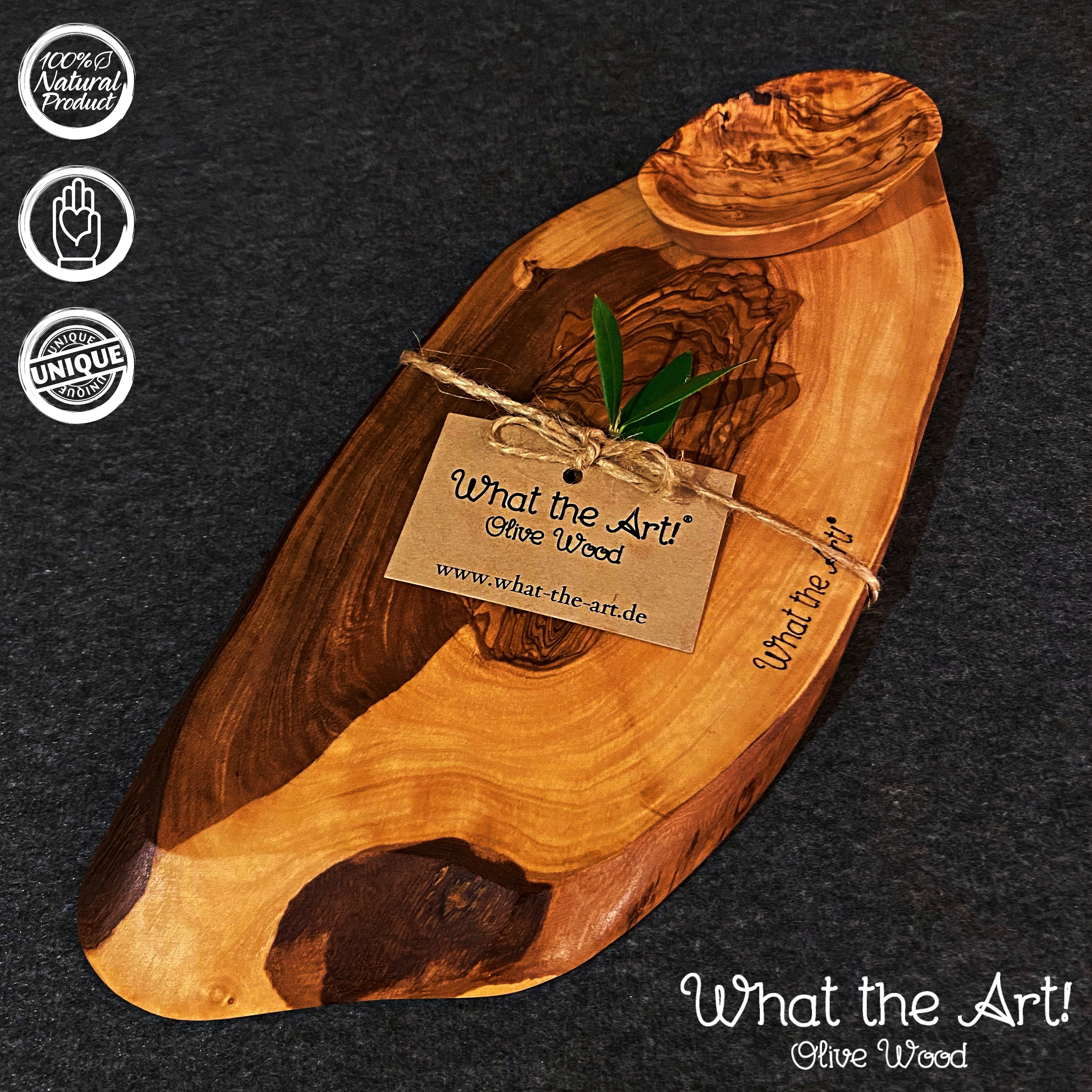 what the art® olive wood «vesper» s | planche à découper en bois d'olivier + bol cadeau env. 25-26 x 11-13 2 cm